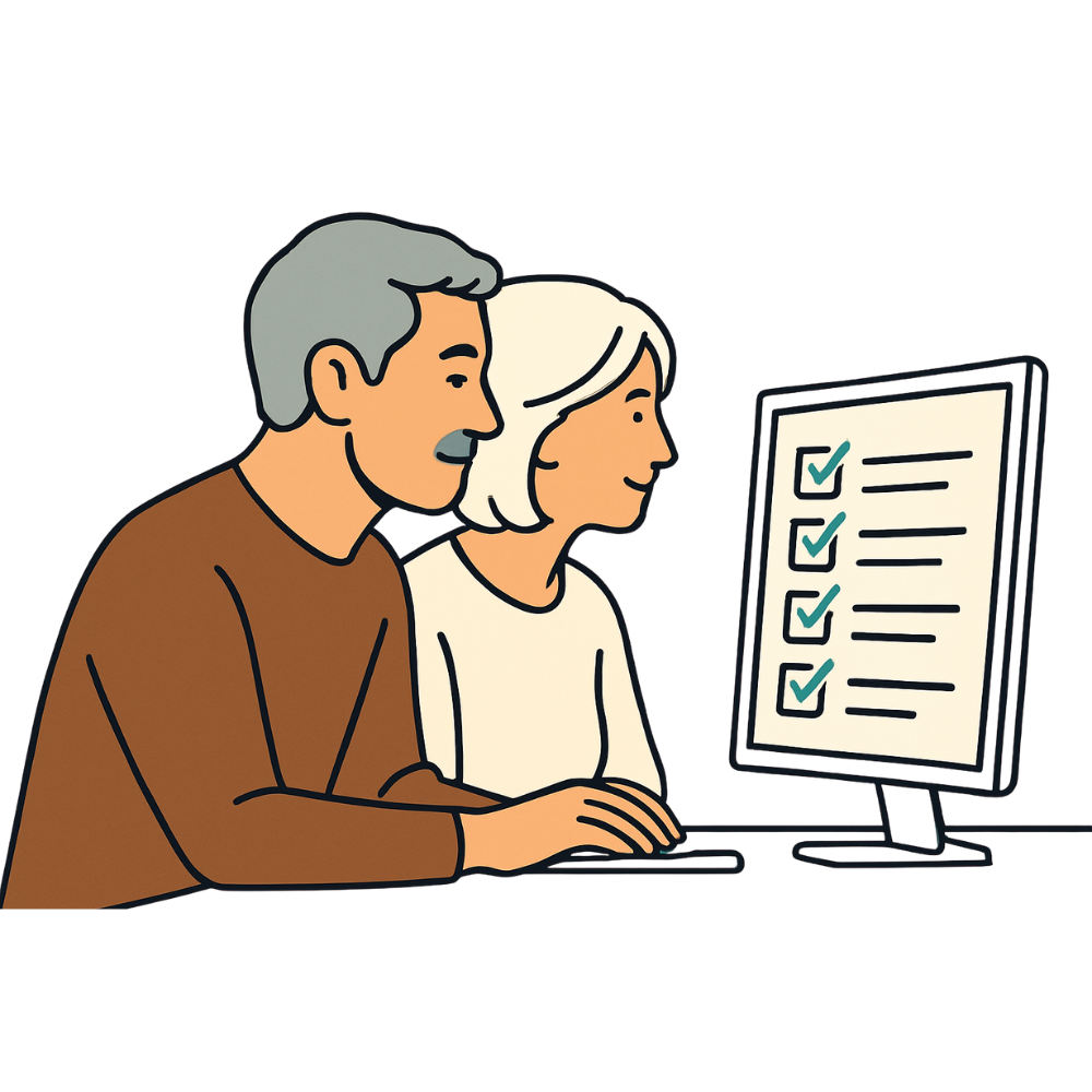 Illustration of older adults using a computer with a checklist